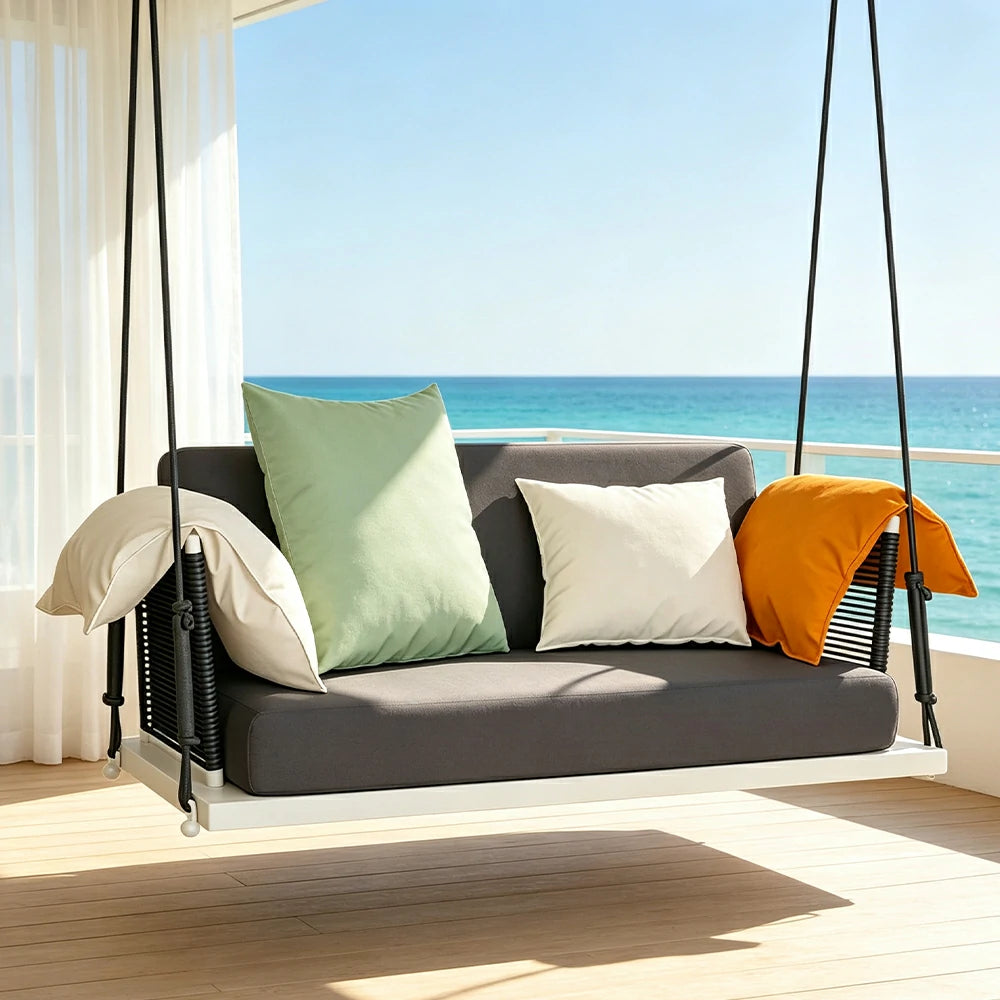 SOLARA Double Hanging Swing Chair Aluminium Frame Handwoven PE Rope Water Resistant Cushion Outdoor Lounge Chair for Balcony Bedroom Patio - Blue