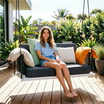SOLARA Double Hanging Swing Chair Aluminium Frame Handwoven PE Rope Water Resistant Cushion Outdoor Lounge Chair for Balcony Bedroom Patio - Blue