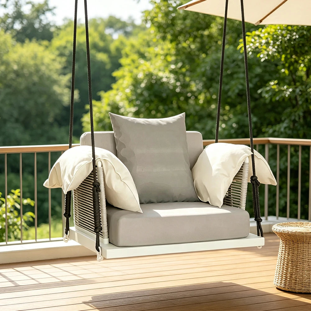 SOLARA Hanging Swing Chair Aluminium Frame Handwoven PE Rope Water Resistant Cushion Single Outdoor Lounge Chair for Balcony Bedroom Patio - Grey