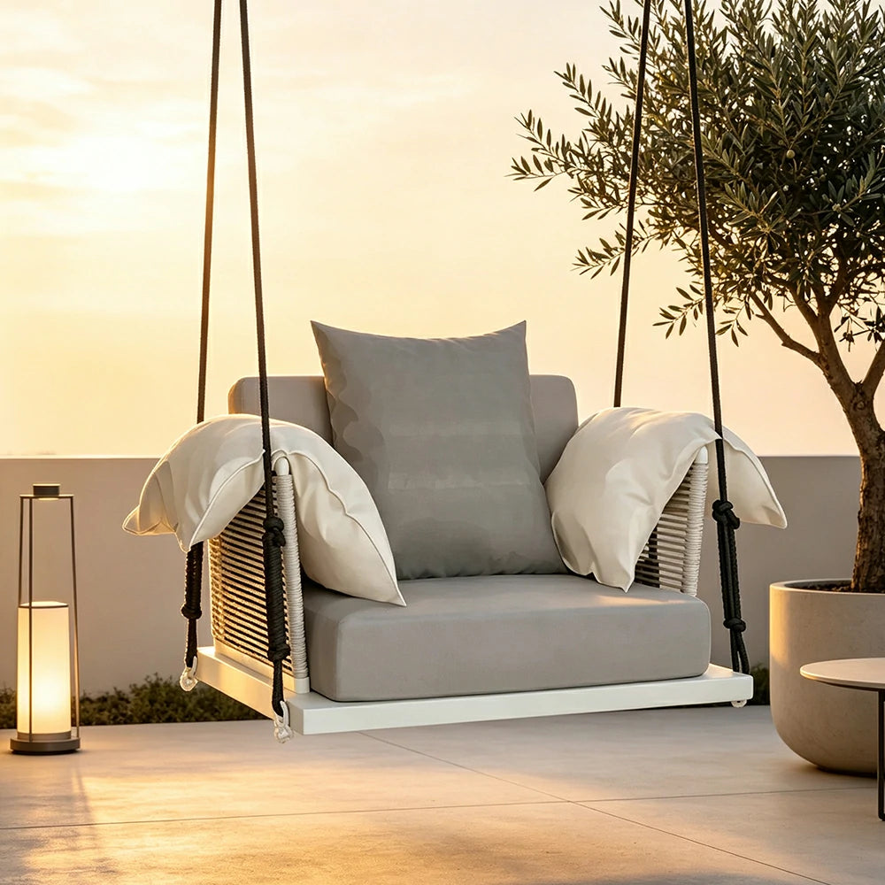 SOLARA Hanging Swing Chair Aluminium Frame Handwoven PE Rope Water Resistant Cushion Single Outdoor Lounge Chair for Balcony Bedroom Patio - Grey
