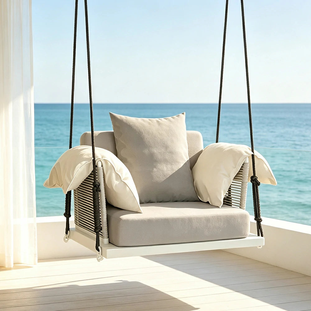 SOLARA Hanging Swing Chair Aluminium Frame Handwoven PE Rope Water Resistant Cushion Single Outdoor Lounge Chair for Balcony Bedroom Patio - Grey