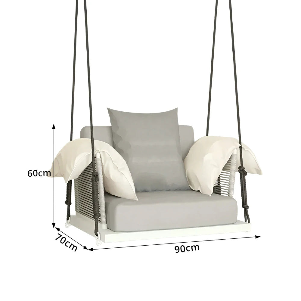 SOLARA Hanging Swing Chair Aluminium Frame Handwoven PE Rope Water Resistant Cushion Single Outdoor Lounge Chair for Balcony Bedroom Patio - Grey