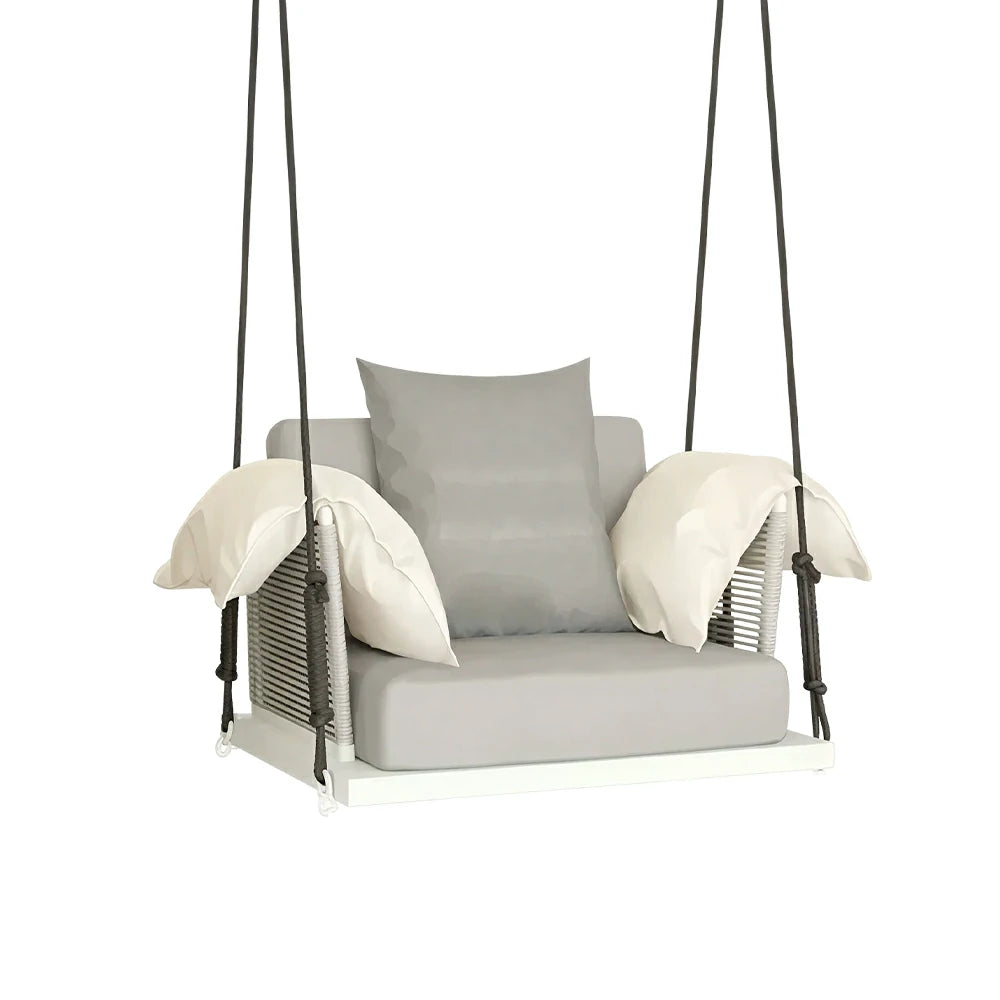 SOLARA Hanging Swing Chair Aluminium Frame Handwoven PE Rope Water Resistant Cushion Single Outdoor Lounge Chair for Balcony Bedroom Patio - Grey