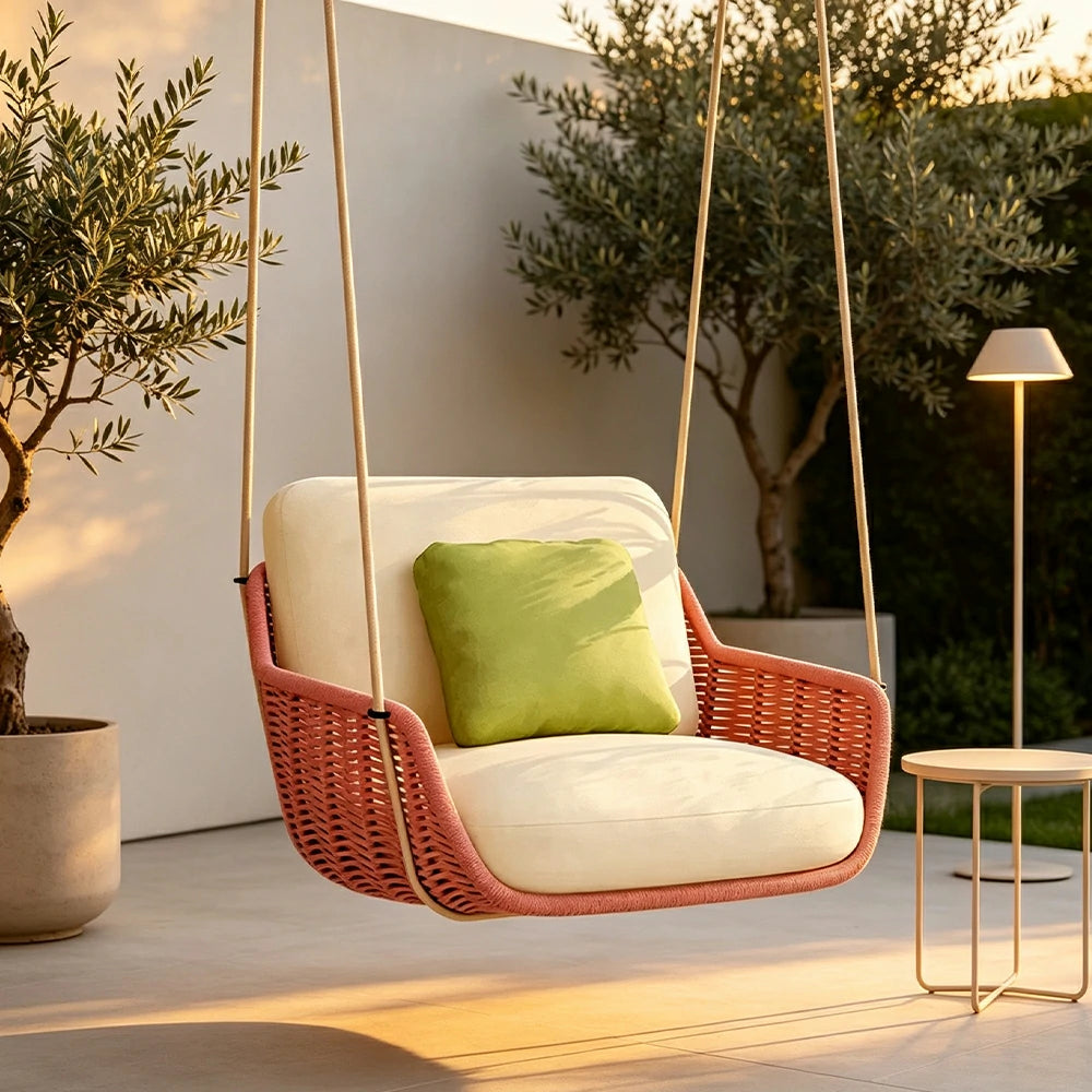 SOLARA Hanging Chair with PE Rope Weaving Aluminium Alloy Frame High Rebound Cushion Single Double Swing Chair for Balcony Bedroom Living Room - Pink