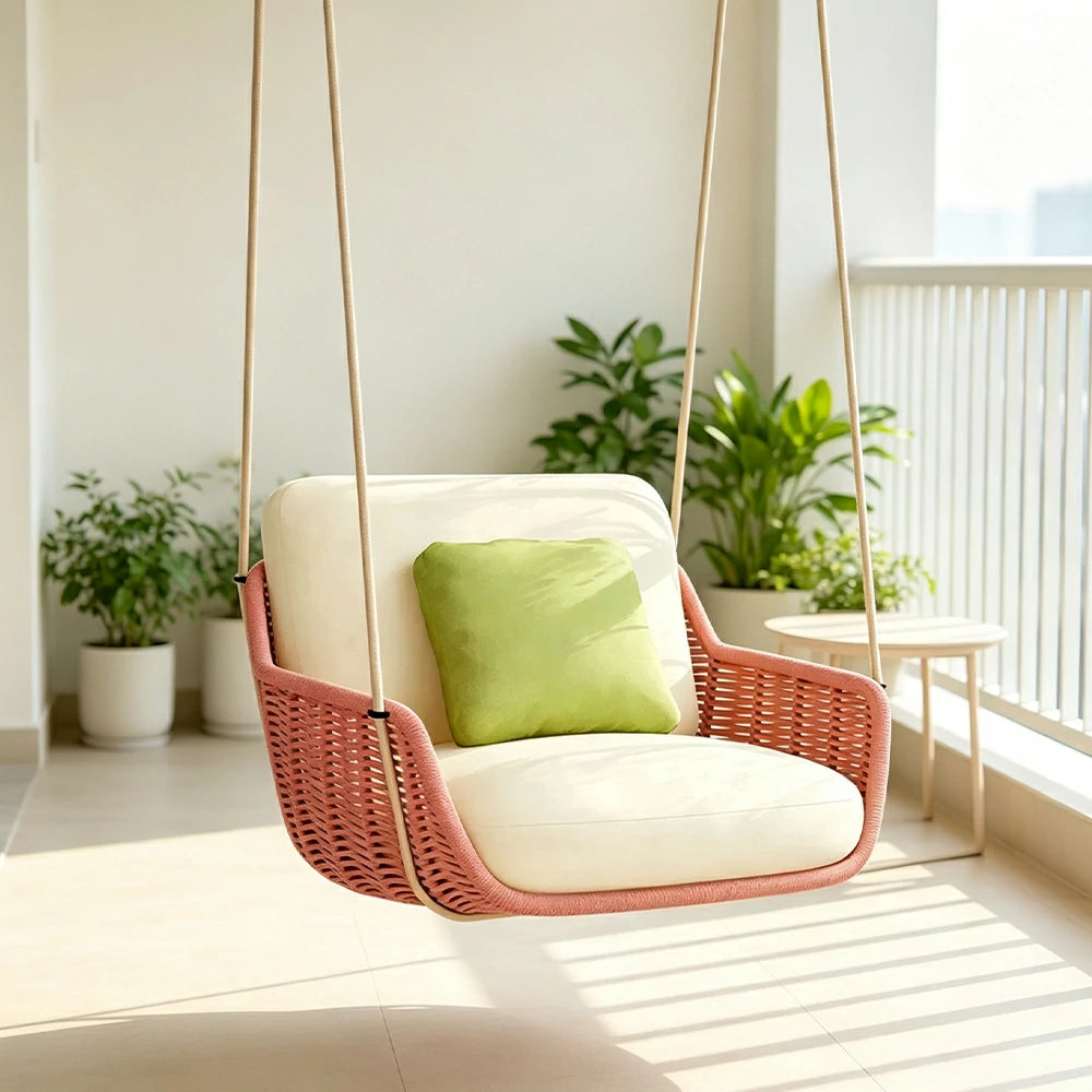 SOLARA Hanging Chair with PE Rope Weaving Aluminium Alloy Frame High Rebound Cushion Single Double Swing Chair for Balcony Bedroom Living Room - Pink