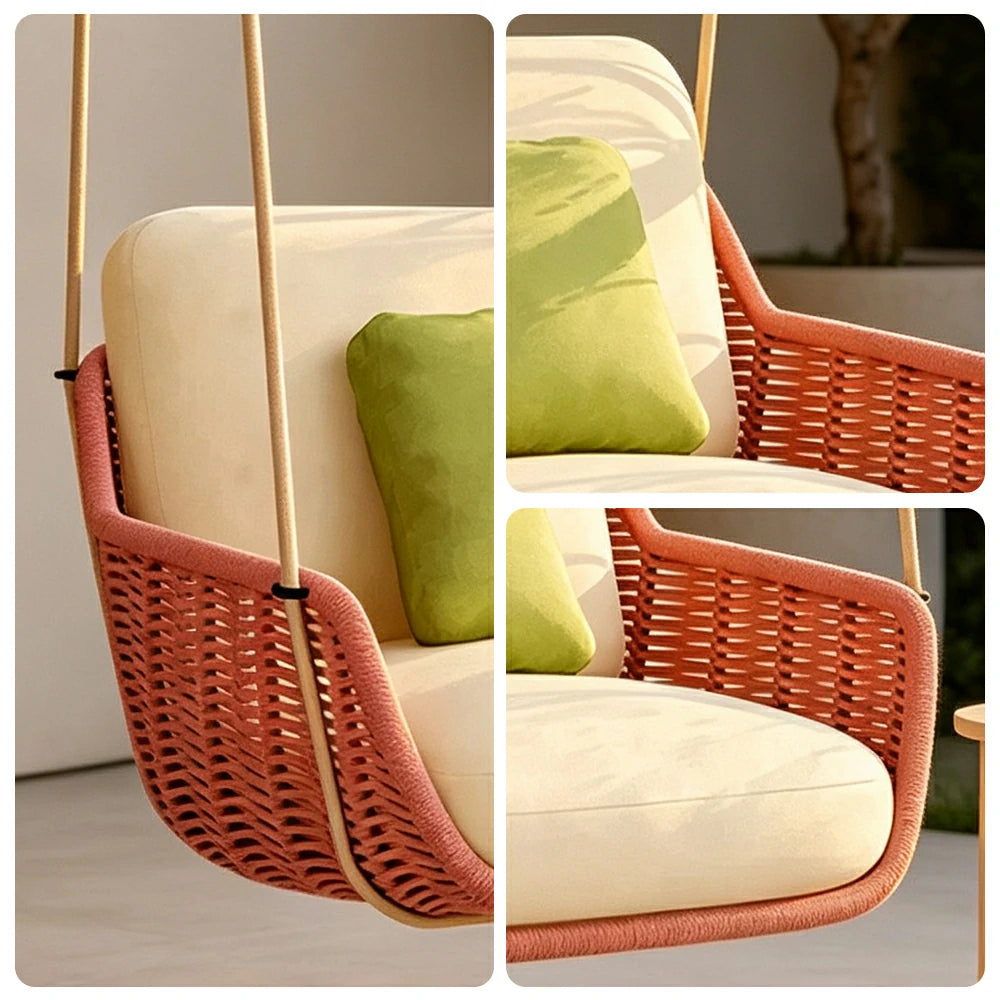 SOLARA Hanging Chair with PE Rope Weaving Aluminium Alloy Frame High Rebound Cushion Single Double Swing Chair for Balcony Bedroom Living Room - Pink