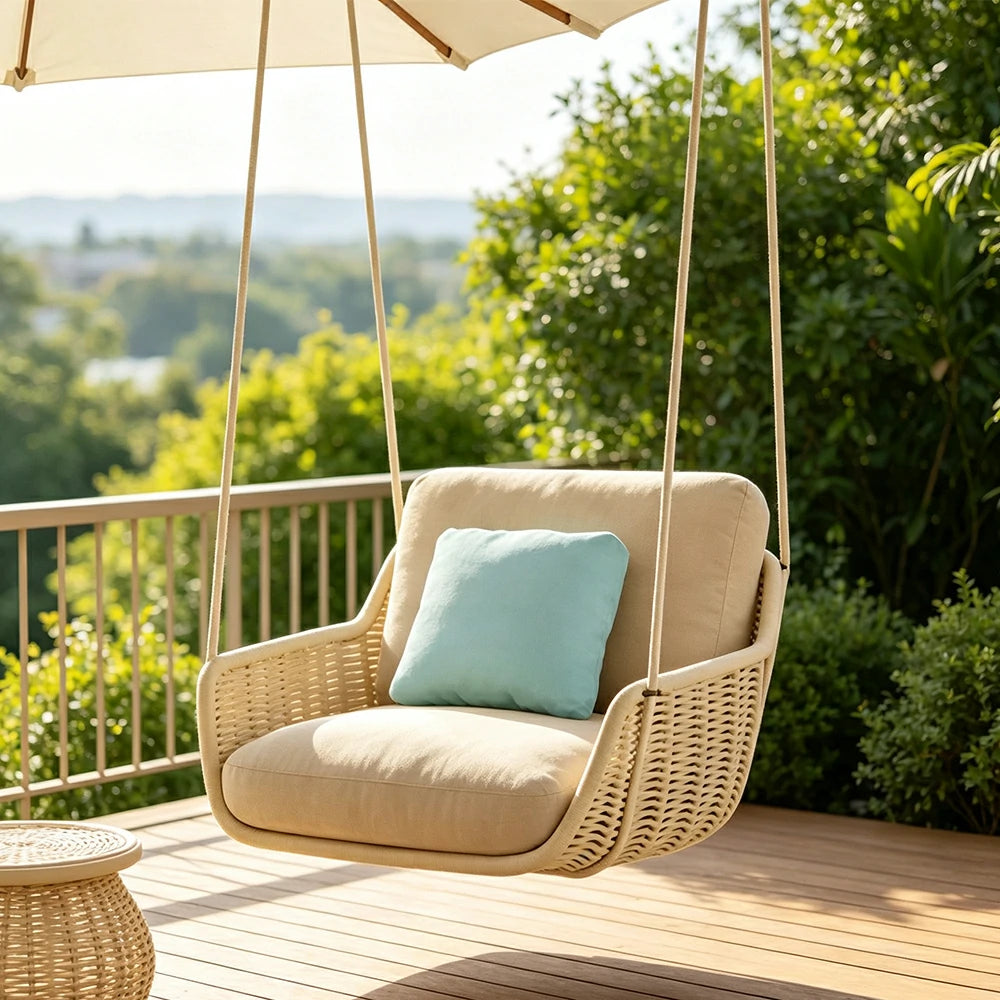 SOLARA Hanging Chair with PE Rope Weaving Aluminium Alloy Frame High Rebound Cushion Single Double Swing Chair for Balcony Bedroom Living Room - Coffee