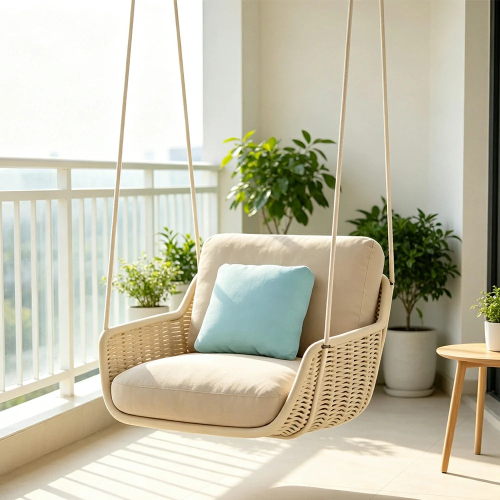 SOLARA Hanging Chair with PE Rope Weaving Aluminium Alloy Frame High Rebound Cushion Single Double Swing Chair for Balcony Bedroom Living Room - Coffee