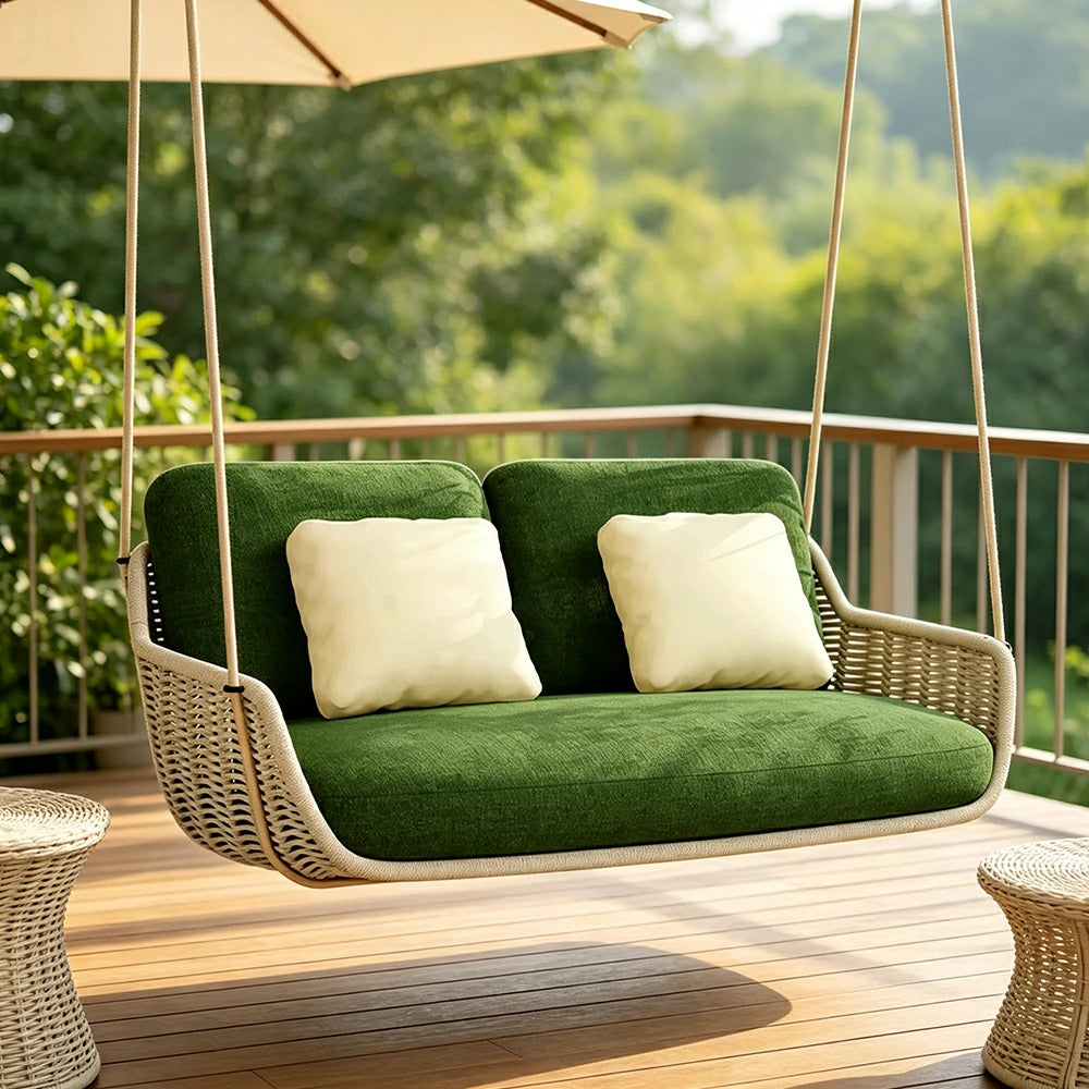 SOLARA Double Hanging Chair with PE Rope Weaving Aluminium Alloy Frame High Rebound Cushion Swing Chair for Balcony Bedroom Living Room - Grey&Green