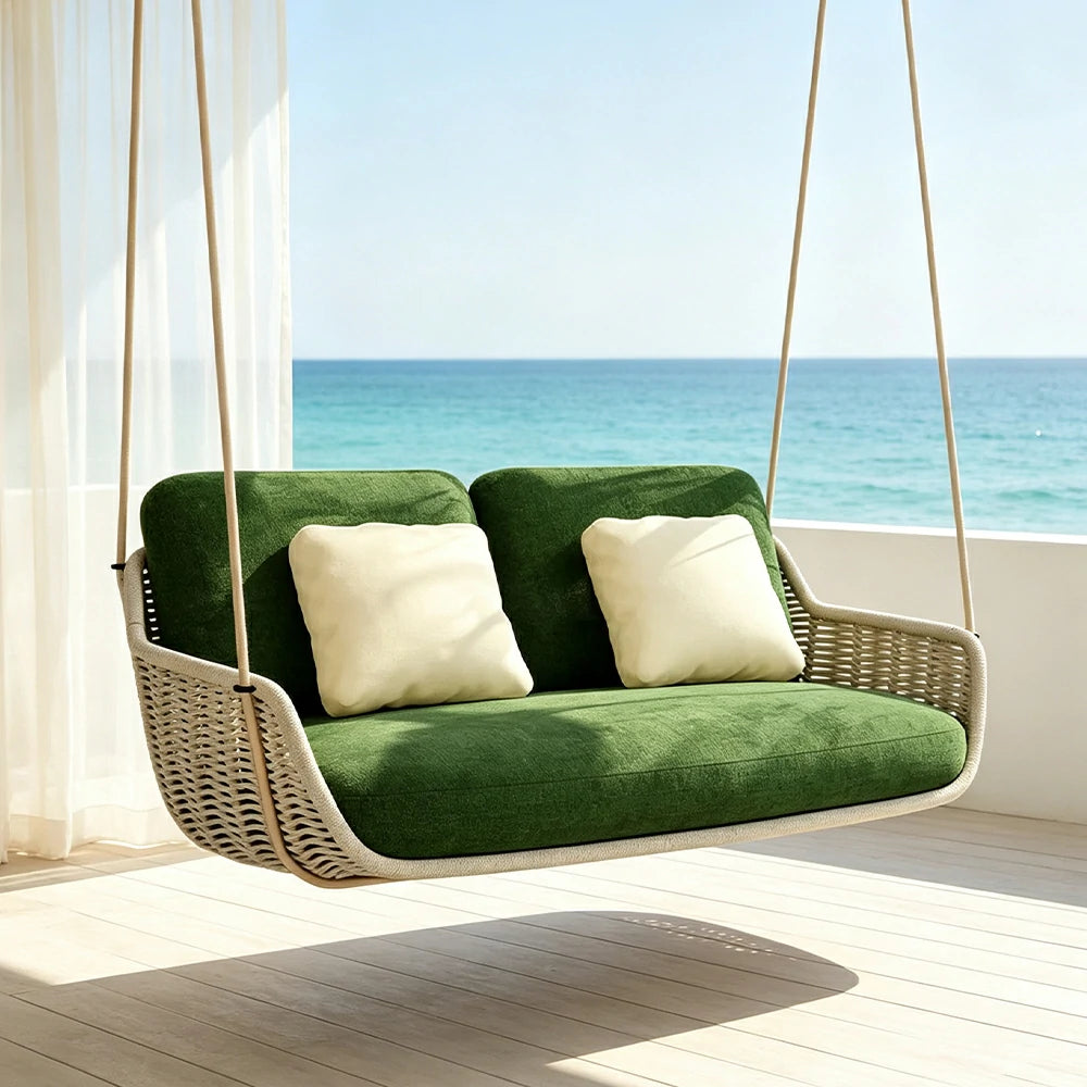 SOLARA Double Hanging Chair with PE Rope Weaving Aluminium Alloy Frame High Rebound Cushion Swing Chair for Balcony Bedroom Living Room - Grey&Green