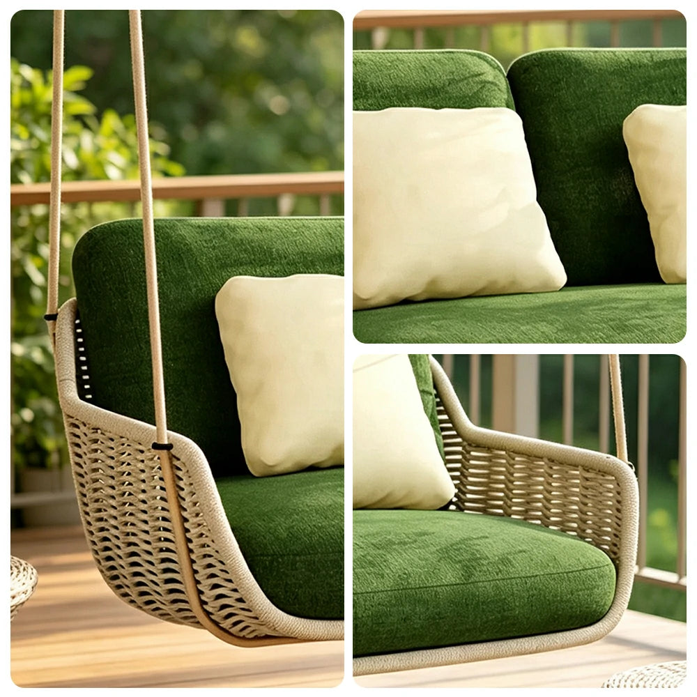 SOLARA Double Hanging Chair with PE Rope Weaving Aluminium Alloy Frame High Rebound Cushion Swing Chair for Balcony Bedroom Living Room - Grey&Green