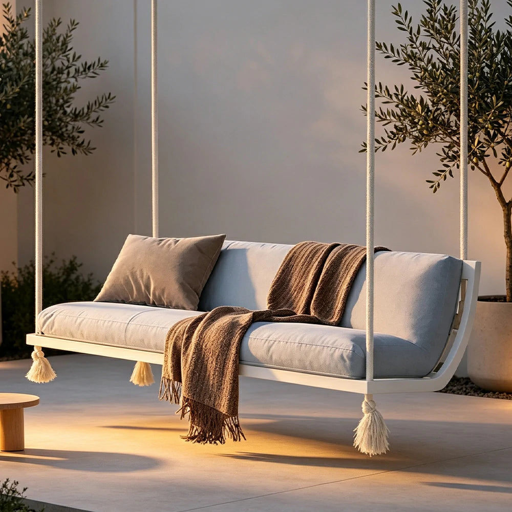 SOLARA Double Hanging Sofa with Aluminium Alloy Frame Water Resistant Fabric High Rebound Cushion Swing Chair for Balcony Living Room Bedroom - White&Blue