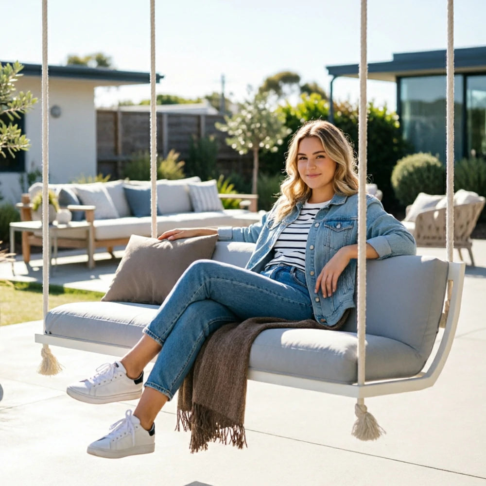 SOLARA Double Hanging Sofa with Aluminium Alloy Frame Water Resistant Fabric High Rebound Cushion Swing Chair for Balcony Living Room Bedroom - White&Blue