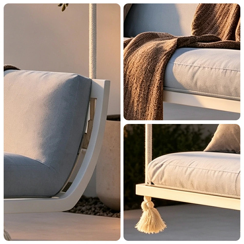 SOLARA Double Hanging Sofa with Aluminium Alloy Frame Water Resistant Fabric High Rebound Cushion Swing Chair for Balcony Living Room Bedroom - White&Blue