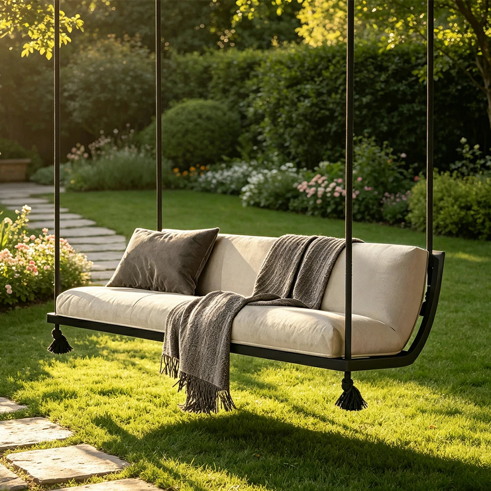 SOLARA Double Hanging Sofa with Aluminium Alloy Frame Water Resistant Fabric High Rebound Cushion Swing Chair for Balcony Living Room Bedroom - Coffee&Black