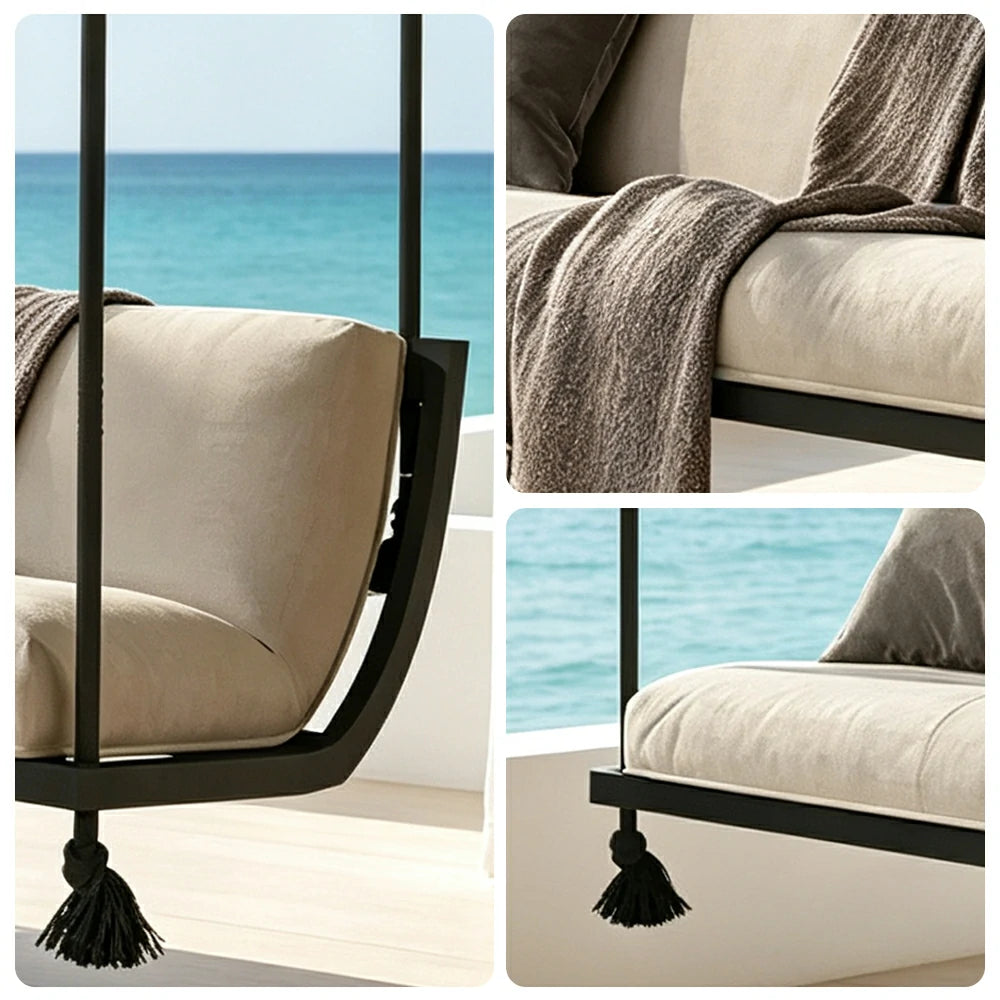 SOLARA Double Hanging Sofa with Aluminium Alloy Frame Water Resistant Fabric High Rebound Cushion Swing Chair for Balcony Living Room Bedroom - Coffee&Black