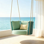 SOLARA Single Hanging Swing Chair with PE Woven Belt Aluminium Frame Water Resistant Cushion Comfortable Rattan Lounge Chair for Balcony Bedroom Living Room - Blue