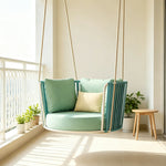 SOLARA Single Hanging Swing Chair with PE Woven Belt Aluminium Frame Water Resistant Cushion Comfortable Rattan Lounge Chair for Balcony Bedroom Living Room - Blue