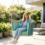 SOLARA Single Hanging Swing Chair with PE Woven Belt Aluminium Frame Water Resistant Cushion Comfortable Rattan Lounge Chair for Balcony Bedroom Living Room - Blue