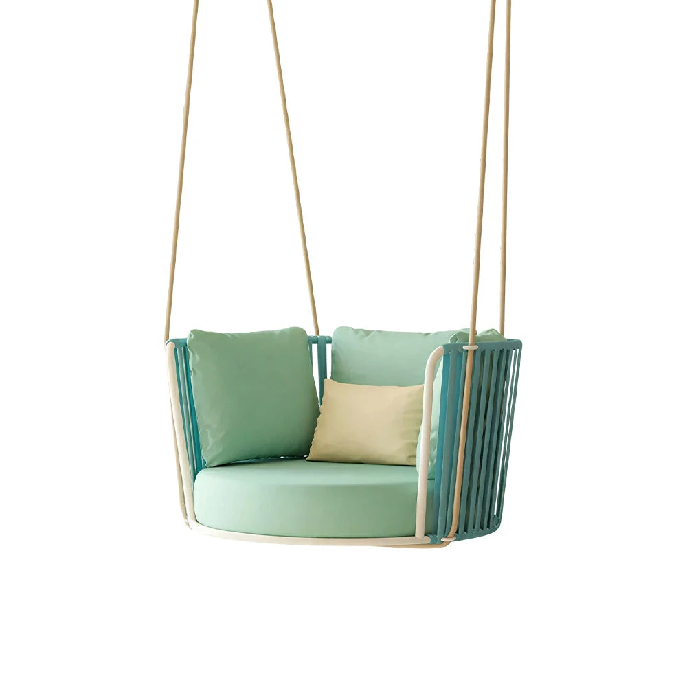SOLARA Single Hanging Swing Chair with PE Woven Belt Aluminium Frame Water Resistant Cushion Comfortable Rattan Lounge Chair for Balcony Bedroom Living Room - Blue