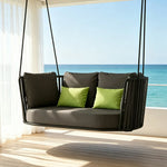 SOLARA Double Hanging Swing Chair with PE Woven Belt Aluminium Frame Water Resistant Cushion Comfortable Rattan Lounge Chair for Balcony Bedroom Living Room - Black