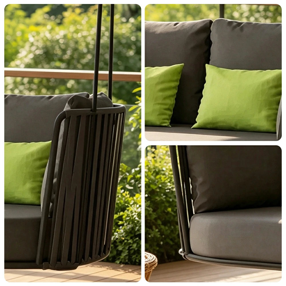 SOLARA Double Hanging Swing Chair with PE Woven Belt Aluminium Frame Water Resistant Cushion Comfortable Rattan Lounge Chair for Balcony Bedroom Living Room - Black