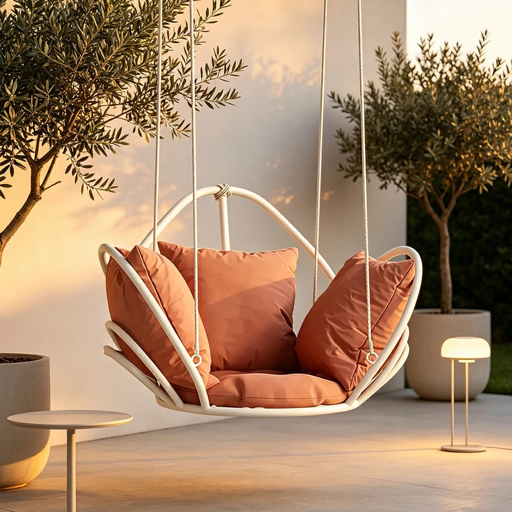 SOLARA Flower Basket Hanging Chair with Aluminium Alloy Frame Plush Cushion High Rebound Seat Compact Swing Chair for Living Room Balcony Garden - White&Red