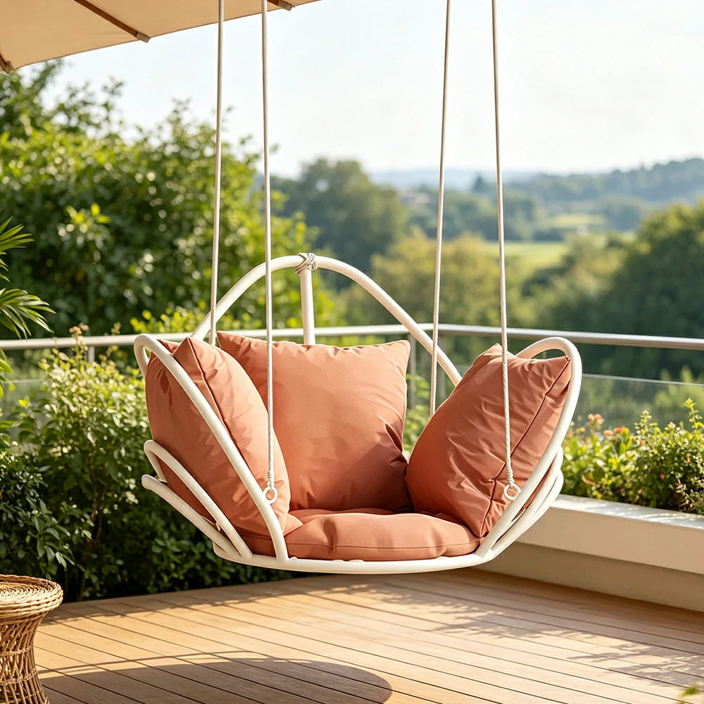 SOLARA Flower Basket Hanging Chair with Aluminium Alloy Frame Plush Cushion High Rebound Seat Compact Swing Chair for Living Room Balcony Garden - White&Red