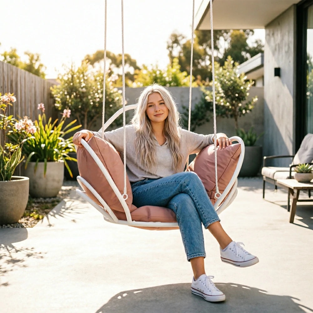 SOLARA Flower Basket Hanging Chair with Aluminium Alloy Frame Plush Cushion High Rebound Seat Compact Swing Chair for Living Room Balcony Garden - White&Red