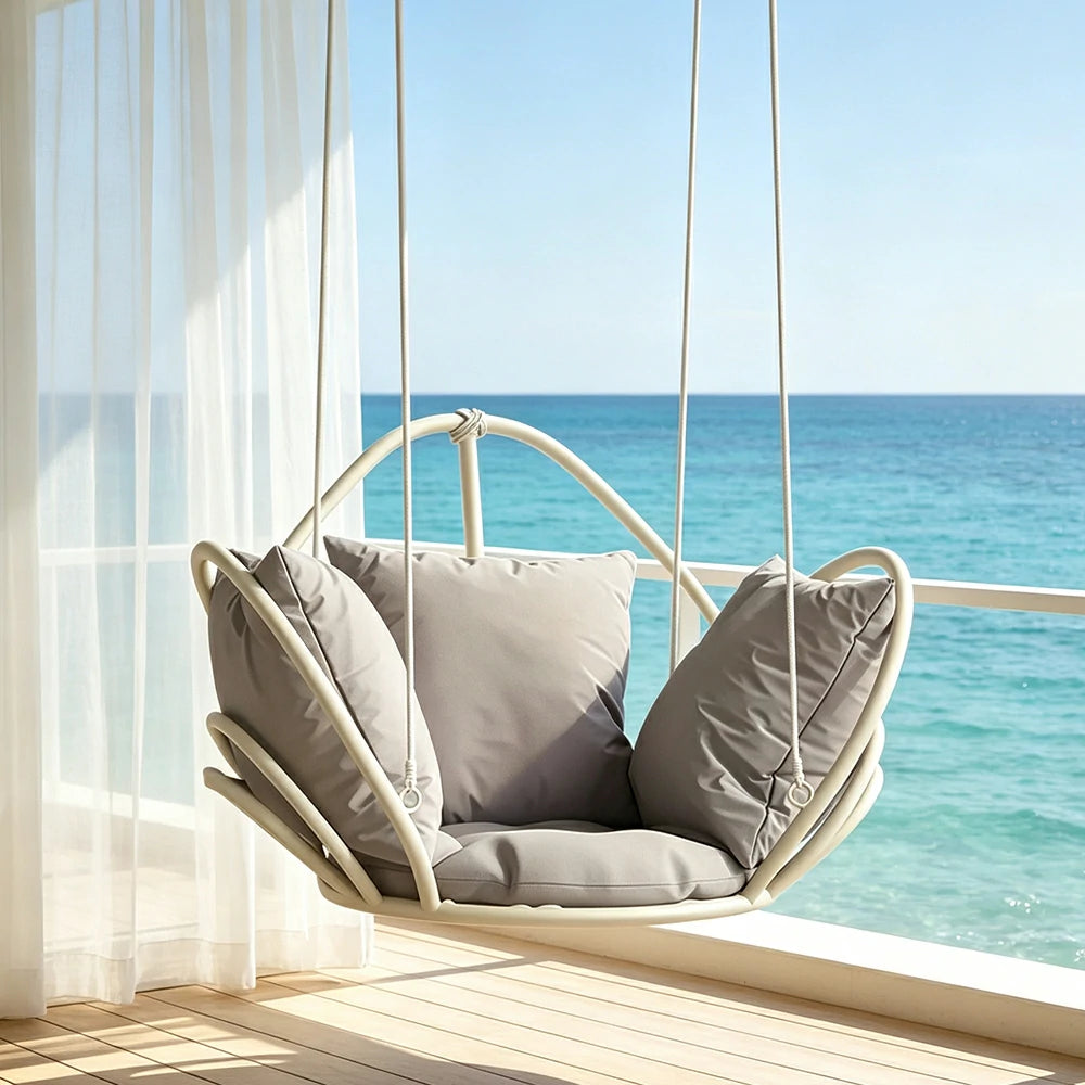 SOLARA Flower Basket Hanging Chair with Aluminium Alloy Frame Plush Cushion High Rebound Seat Compact Swing Chair for Living Room Balcony Garden - Grey