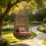SOLARA Premium Outdoor Hanging Basket Chair with Aluminium Frame Weather Resistant Rope Water Repellent Cushion Swing Chair for Balcony Garden Patio - Brown