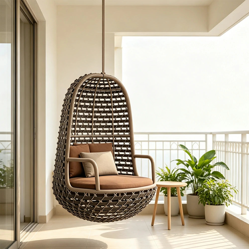 SOLARA Premium Outdoor Hanging Basket Chair with Aluminium Frame Weather Resistant Rope Water Repellent Cushion Swing Chair for Balcony Garden Patio - Brown