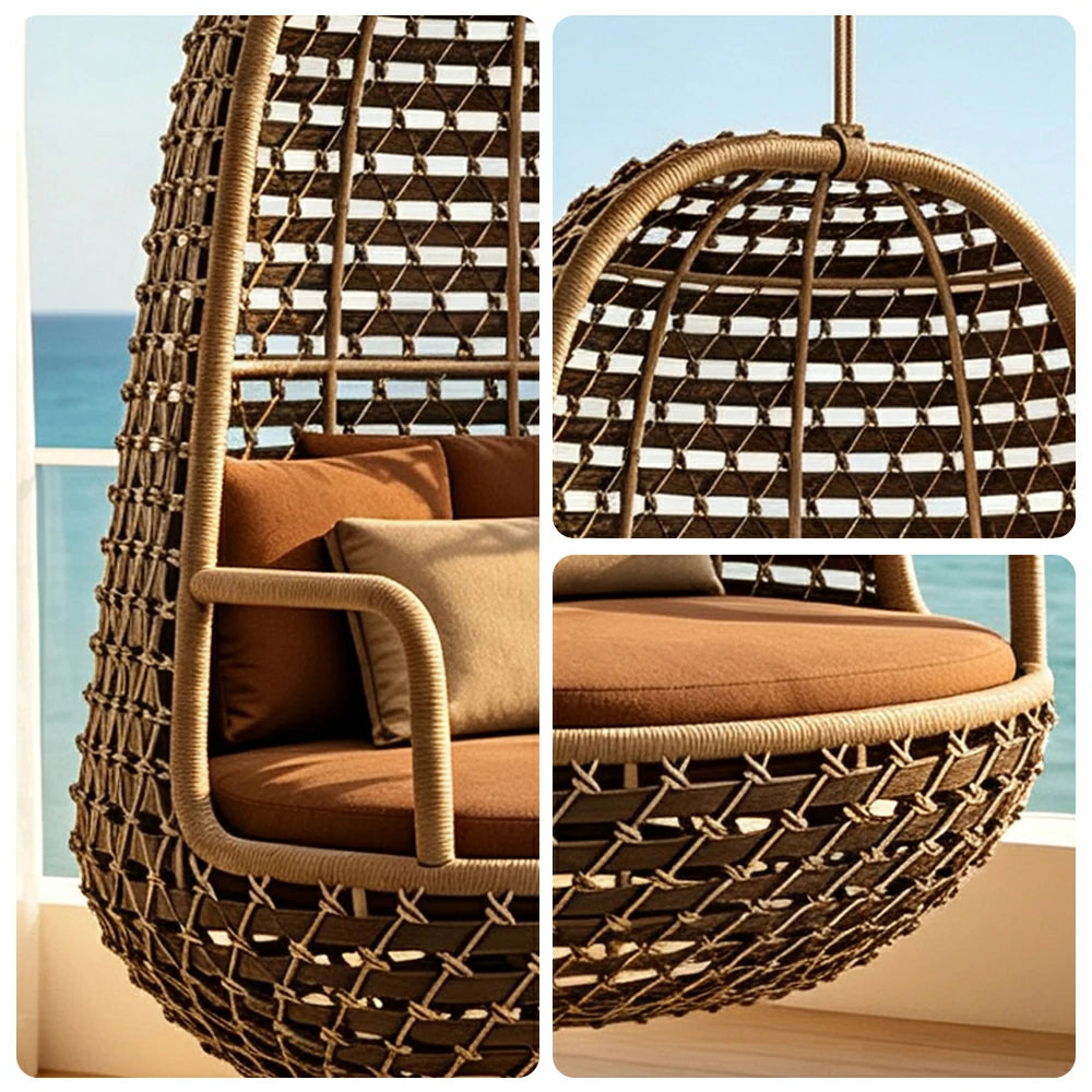 SOLARA Premium Outdoor Hanging Basket Chair with Aluminium Frame Weather Resistant Rope Water Repellent Cushion Swing Chair for Balcony Garden Patio - Brown