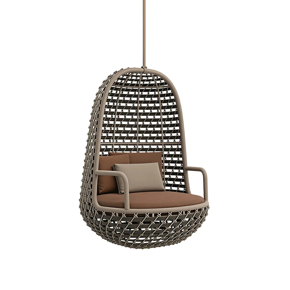 SOLARA Premium Outdoor Hanging Basket Chair with Aluminium Frame Weather Resistant Rope Water Repellent Cushion Swing Chair for Balcony Garden Patio - Brown