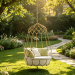 SOLARA Minimalist Hanging Basket Chair with Premium Woven Rope Aluminium Frame Waterproof Cushion Swing Chair for Balcony Garden Patio Indoor Leisure - White