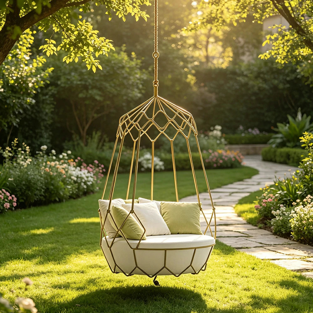 SOLARA Minimalist Hanging Basket Chair with Premium Woven Rope Aluminium Frame Waterproof Cushion Swing Chair for Balcony Garden Patio Indoor Leisure - White