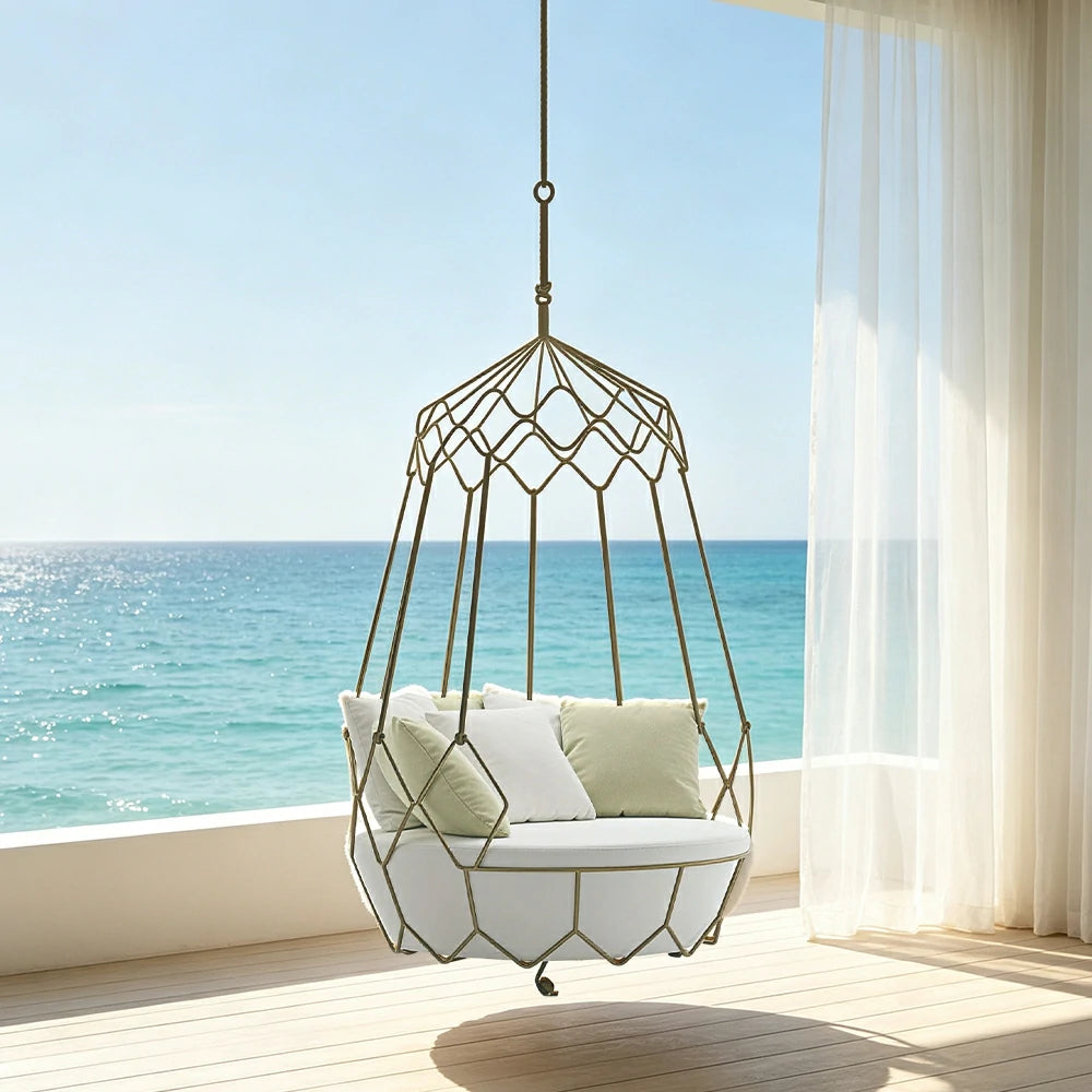 SOLARA Minimalist Hanging Basket Chair with Premium Woven Rope Aluminium Frame Waterproof Cushion Swing Chair for Balcony Garden Patio Indoor Leisure - White