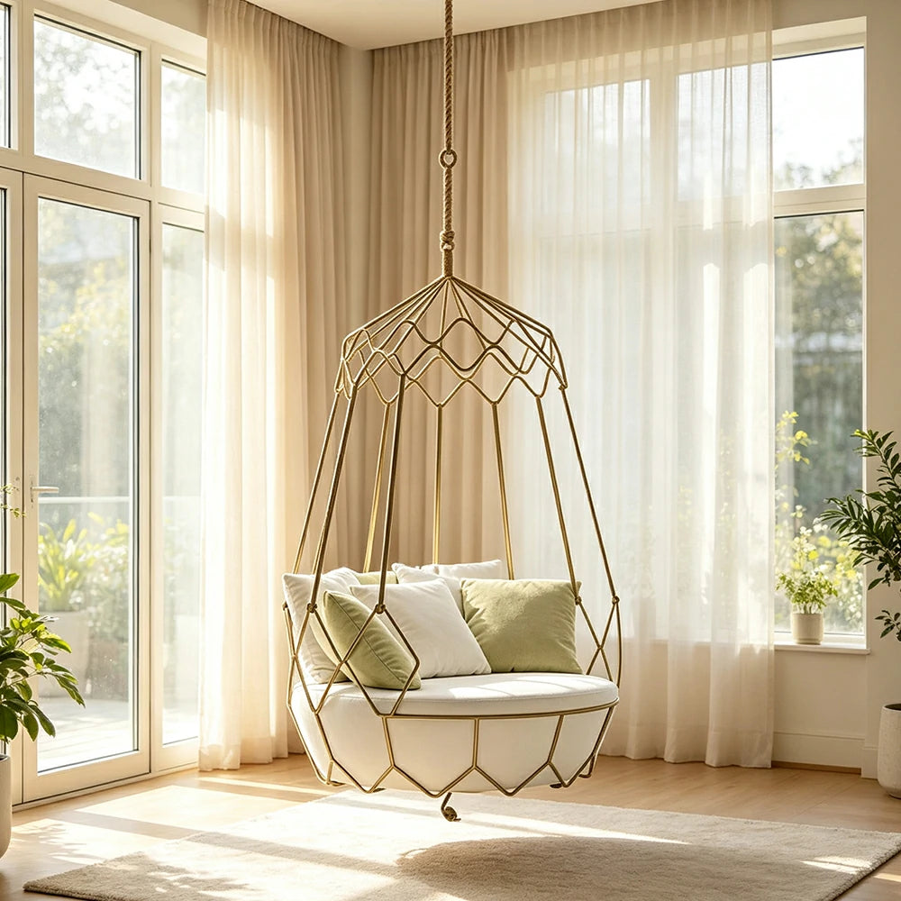 SOLARA Minimalist Hanging Basket Chair with Premium Woven Rope Aluminium Frame Waterproof Cushion Swing Chair for Balcony Garden Patio Indoor Leisure - White
