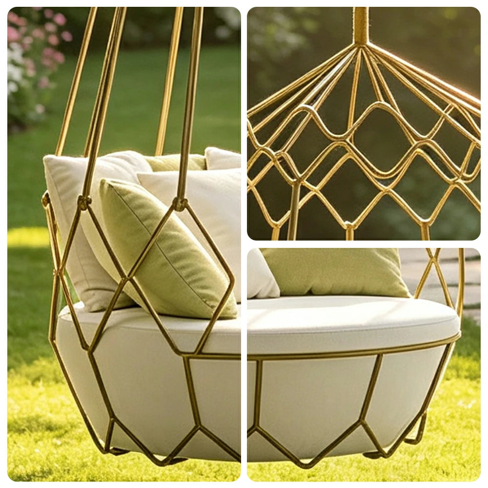 SOLARA Minimalist Hanging Basket Chair with Premium Woven Rope Aluminium Frame Waterproof Cushion Swing Chair for Balcony Garden Patio Indoor Leisure - White