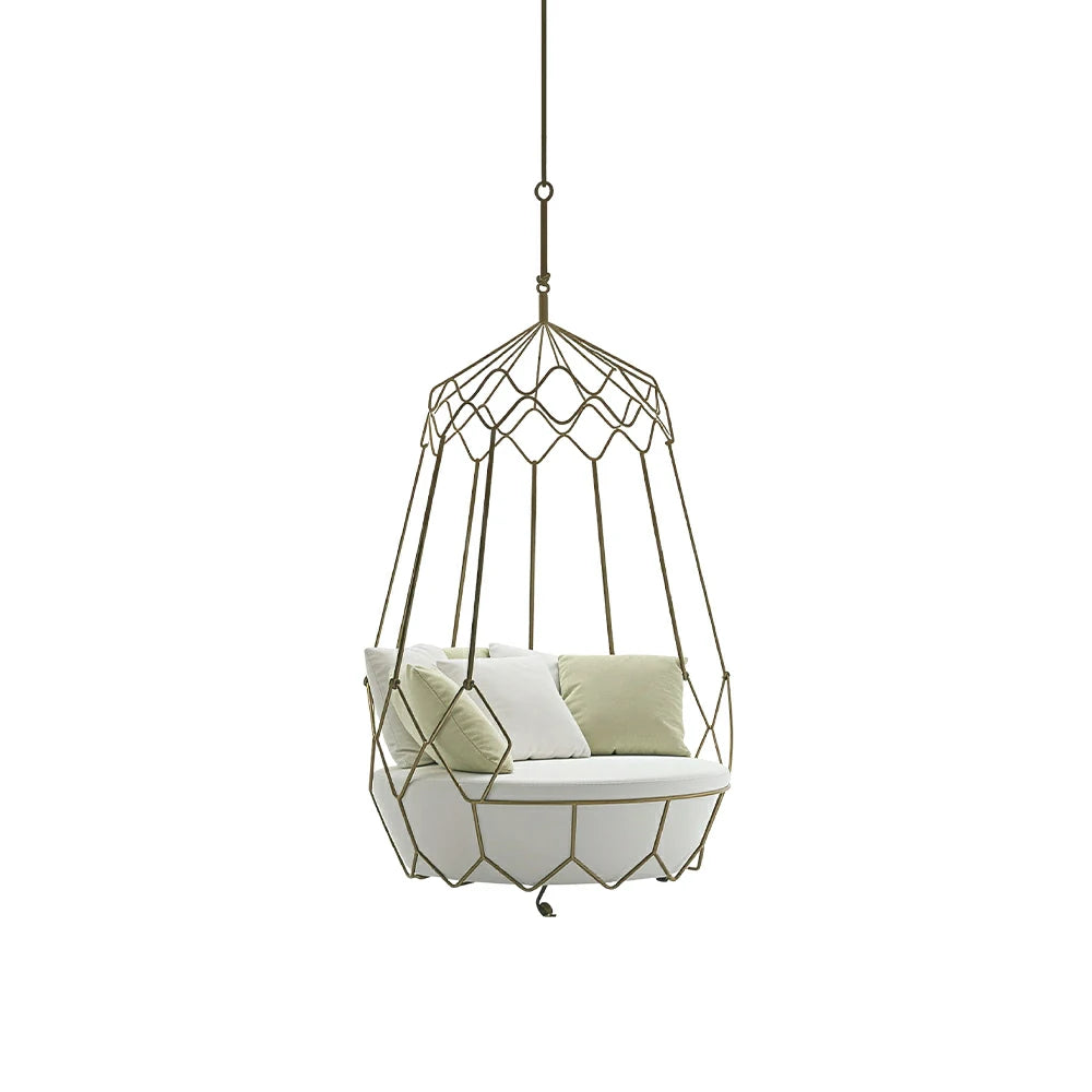 SOLARA Minimalist Hanging Basket Chair with Premium Woven Rope Aluminium Frame Waterproof Cushion Swing Chair for Balcony Garden Patio Indoor Leisure - White