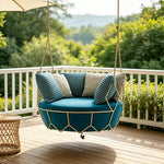 SOLARA Minimalist Hanging Basket Chair with Premium Woven Rope Aluminium Frame Waterproof Cushion Swing Chair for Balcony Garden Patio Indoor Leisure - Blue