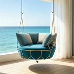 SOLARA Minimalist Hanging Basket Chair with Premium Woven Rope Aluminium Frame Waterproof Cushion Swing Chair for Balcony Garden Patio Indoor Leisure - Blue