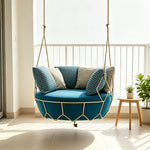 SOLARA Minimalist Hanging Basket Chair with Premium Woven Rope Aluminium Frame Waterproof Cushion Swing Chair for Balcony Garden Patio Indoor Leisure - Blue