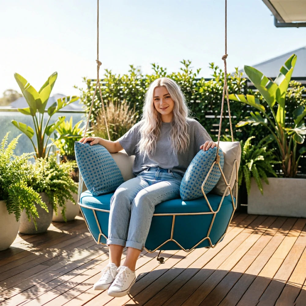 SOLARA Minimalist Hanging Basket Chair with Premium Woven Rope Aluminium Frame Waterproof Cushion Swing Chair for Balcony Garden Patio Indoor Leisure - Blue
