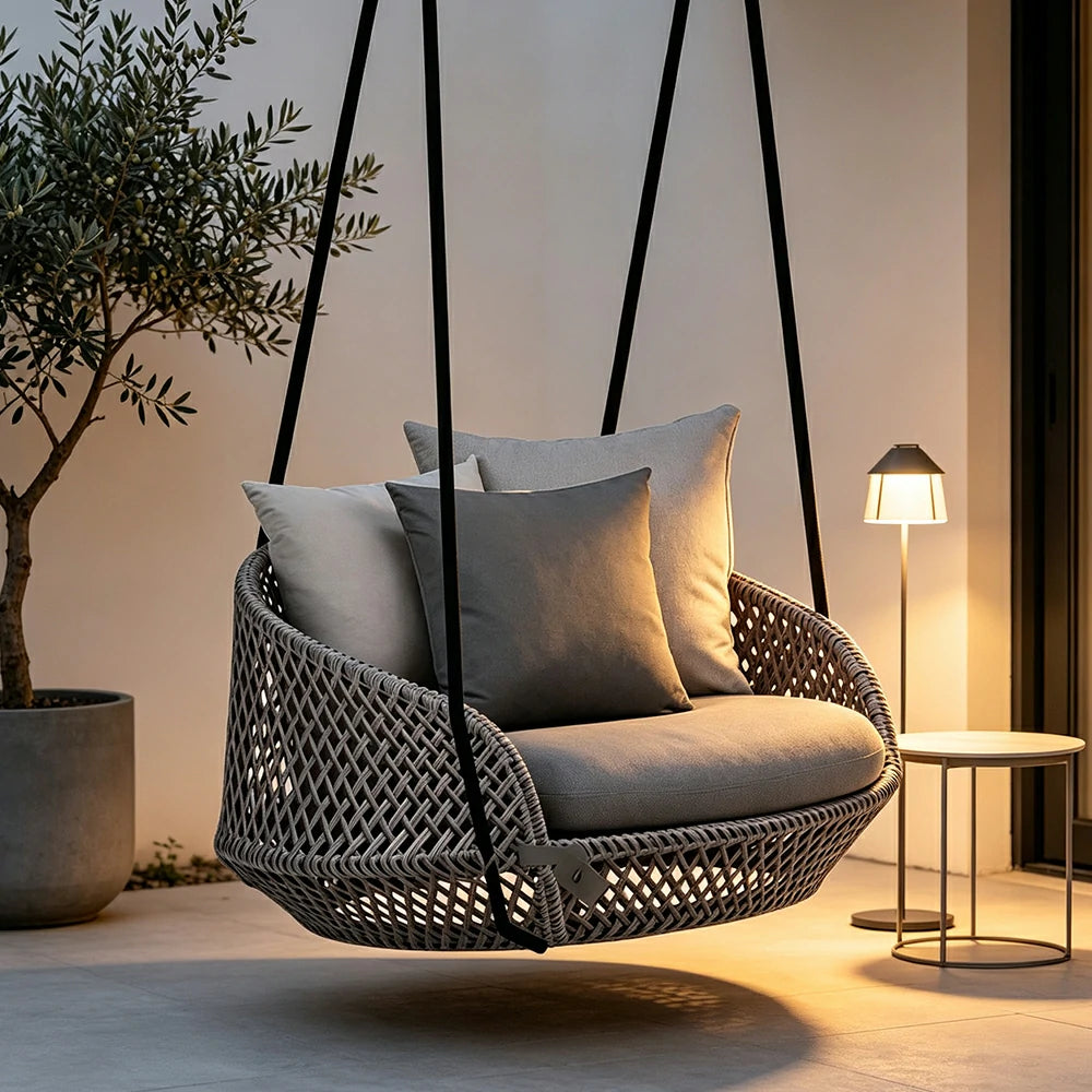 SOLARA Nordic Double Hanging Swing Sofa with Eco Friendly PE Rattan Steel Frame Handwoven Design Comfortable Cushion for Balcony Garden Patio - Grey