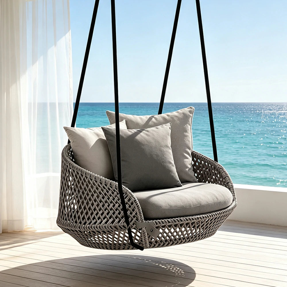 SOLARA Nordic Double Hanging Swing Sofa with Eco Friendly PE Rattan Steel Frame Handwoven Design Comfortable Cushion for Balcony Garden Patio - Grey