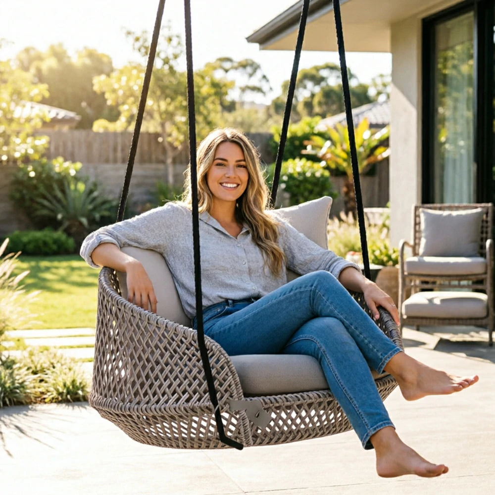 SOLARA Nordic Double Hanging Swing Sofa with Eco Friendly PE Rattan Steel Frame Handwoven Design Comfortable Cushion for Balcony Garden Patio - Grey