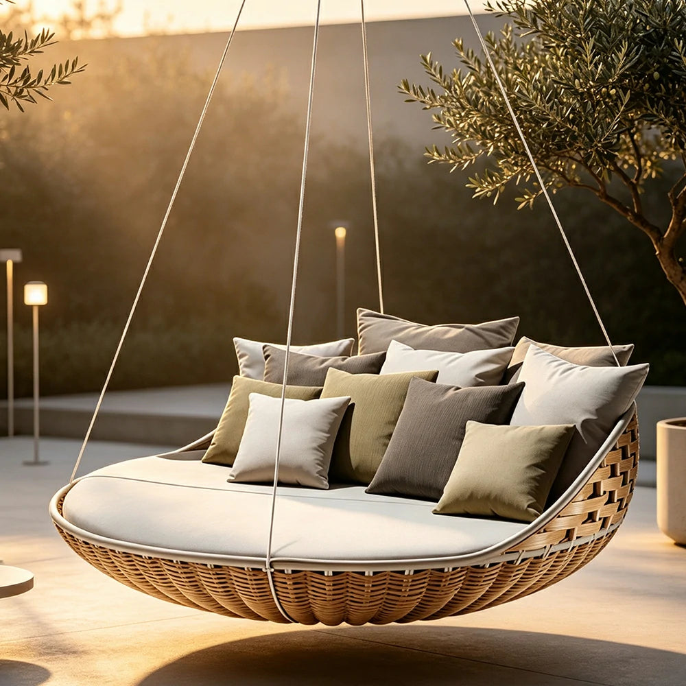SOLARA Nordic Double Hanging Swing Sofa with Eco Friendly PE Rattan Steel Frame Handwoven Design Comfortable Cushion for Balcony Garden Patio - Wood
