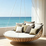 SOLARA Nordic Double Hanging Swing Sofa with Eco Friendly PE Rattan Steel Frame Handwoven Design Comfortable Cushion for Balcony Garden Patio - Wood