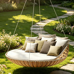 SOLARA Nordic Double Hanging Swing Sofa with Eco Friendly PE Rattan Steel Frame Handwoven Design Comfortable Cushion for Balcony Garden Patio - Wood